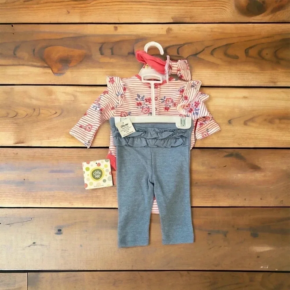 Little Me | Pink & White Floral Ruffle Long-Sleeve Bodysuit Set - 3m